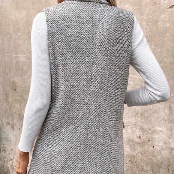 Coffee Brown Preppy Womens Herringbone Print Double Button Tweed Vest Blazer - Picture 5 of 5